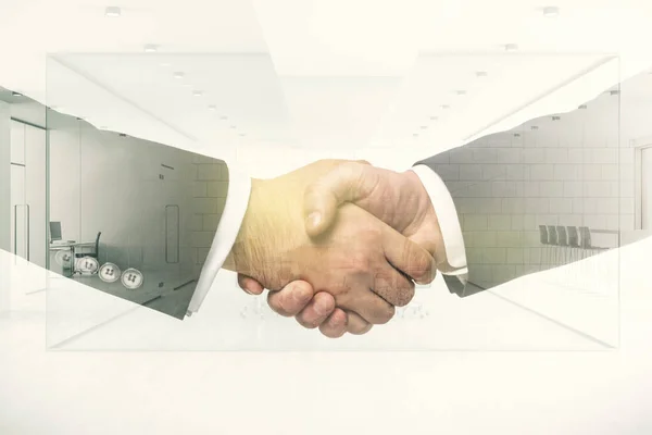Handshake of two businessmen on furnished office interior background, deal and real estate concept. Multiexposure — Stock Photo, Image