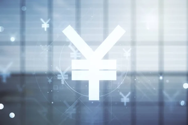 Abstrakta virtuella japanska Yen symbol hologram på modern interiör bakgrund, forex och valuta koncept. Multiexponering — Stockfoto