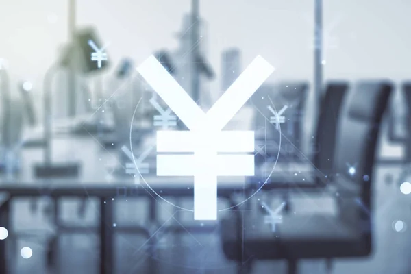 Illustration abstraite du symbole du yen japonais virtuel sur un fond de bureau moderne meublé. Concept de trading et de devise. Multiexposition — Photo