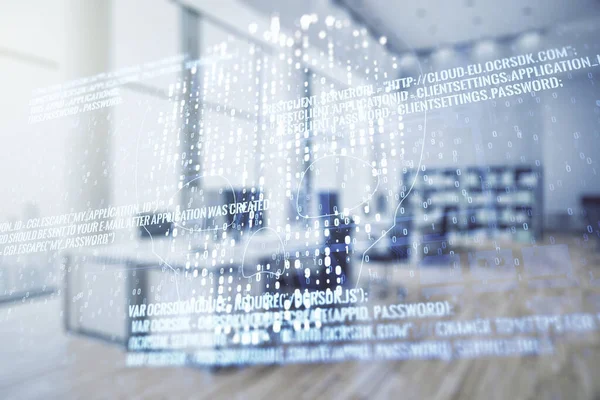 Dubbele belichting van abstract virtueel creatief code schedel hologram op moderne corporate office achtergrond. Het concept van malware en cybercriminaliteit — Stockfoto