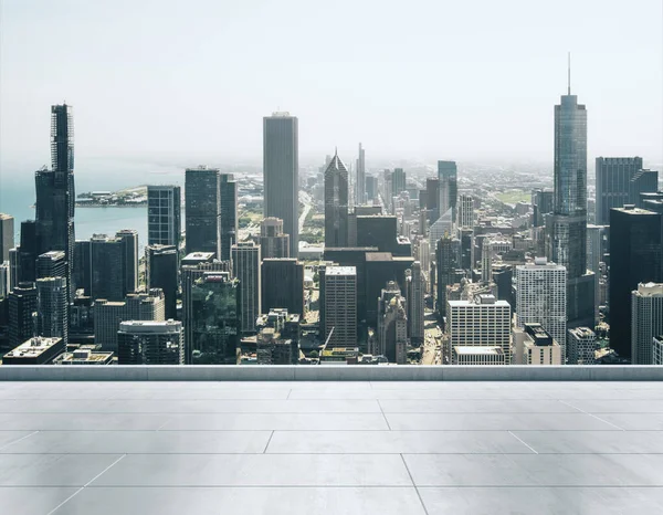 Empty concrete rooftop on the background of a beautiful Chicago city skyline at sunset, mock up