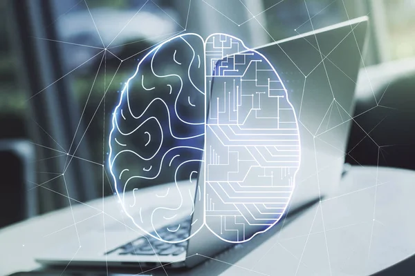 Podwójna ekspozycja na kreatywny mikroobwód ludzkiego mózgu z komputerem na tle. Przyszłe technologie i koncepcja AI — Zdjęcie stockowe