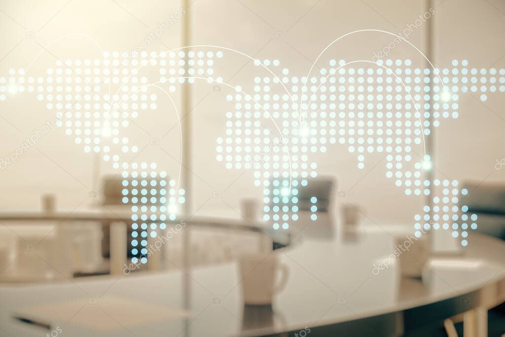 Abstract virtual world map with connections on a modern conference room background, international trading concept. Multiexposure