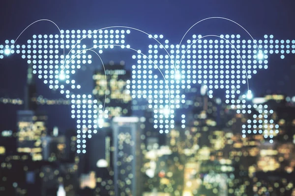 Abstrakt virtuell världskarta med kopplingar på suddig skyline bakgrund, internationell handel koncept. Multiexponering — Stockfoto
