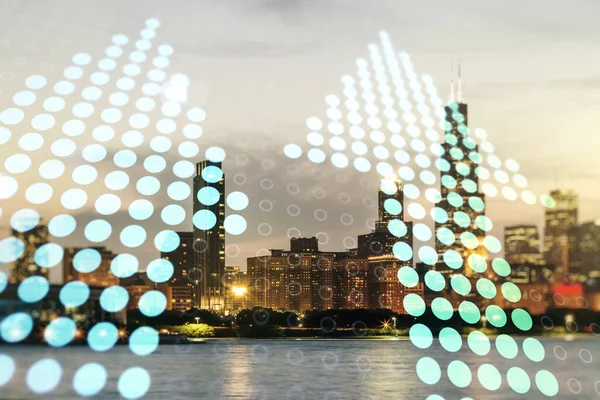 Dvojitá expozice abstraktních virtuálních šípů nahoru na pozadí mrakodrapů Chicago City. Ambice a koncepce výzev — Stock fotografie