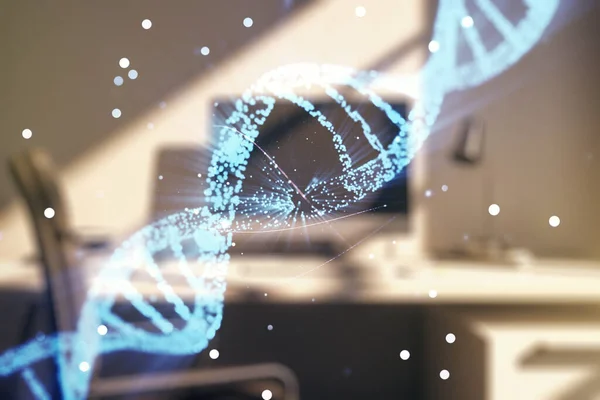 Doppia esposizione di ologramma del DNA creativo e desktop moderno con computer portatile su sfondo. Bioingegneria e DNA Concetto di ricerca — Foto Stock