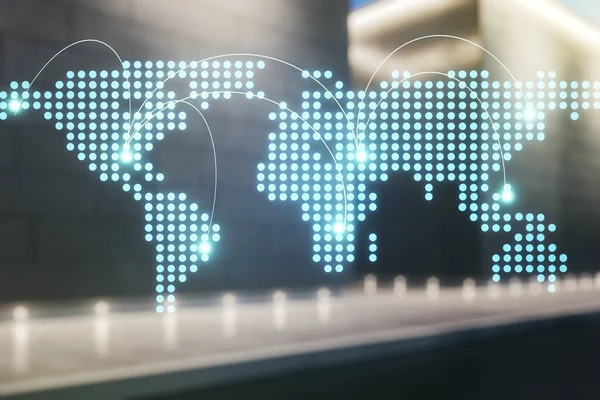 Mappa astratta del mondo virtuale con connessioni su sfocato sfondo moderno edificio per uffici, concetto di trading internazionale. Multiesposizione — Foto Stock