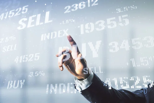 Multi exposure of businessman hand presses on virtual creative financial chart hologram on blurred office background, research and analytics concept — Stock Photo, Image