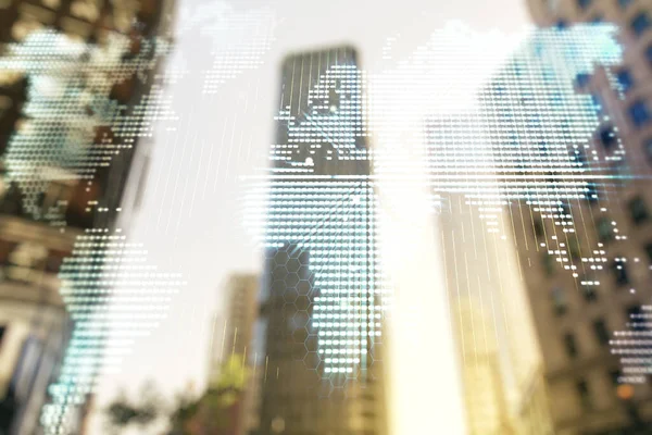 Abstrakte kreative Weltkarte Schnittstelle auf Bürogebäuden Hintergrund, internationales Handelskonzept. Mehrfachexposition — Stockfoto