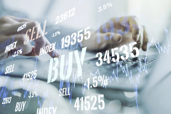 Multiexponering av abstrakt finansiellt diagram med handskrift på datorns tangentbord på bakgrund, bank och redovisning koncept — Stockfoto