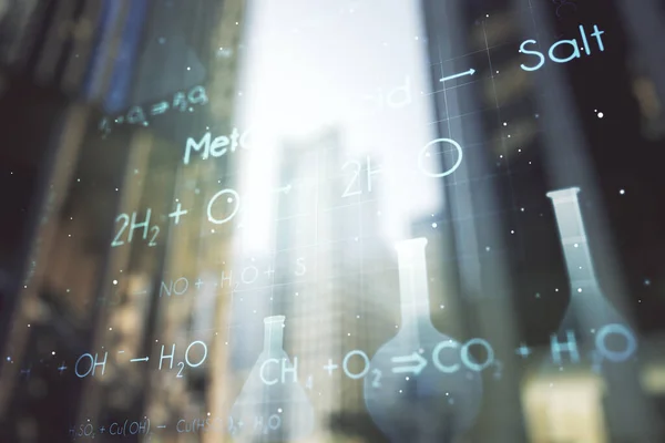 Holograma de química creativa sobre fondo borroso de paisaje urbano, concepto de investigación farmacéutica. Multiexposición — Foto de Stock