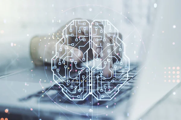 Dubbel exponering av kreativ artificiell intelligens symbol med händerna skriva på bärbar dator på bakgrunden. Neurala nätverk och maskininlärningskoncept — Stockfoto