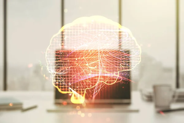 Dubbel exponering av kreativ mänsklig hjärna mikrokrets med dator på bakgrunden. Framtida teknik och AI-koncept — Stockfoto
