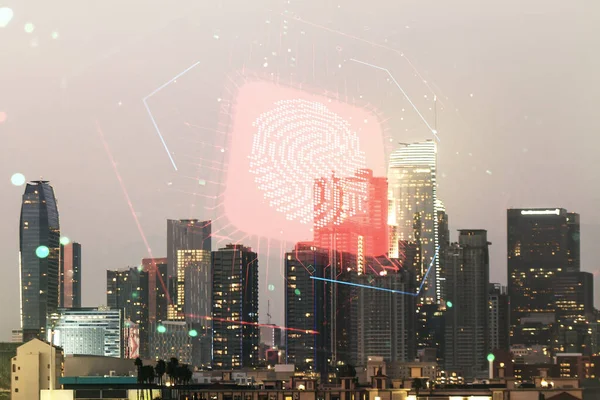 Exposición múltiple del holograma de huellas digitales creativas virtuales en los rascacielos de Los Ángeles, concepto de datos biométricos personales — Foto de Stock