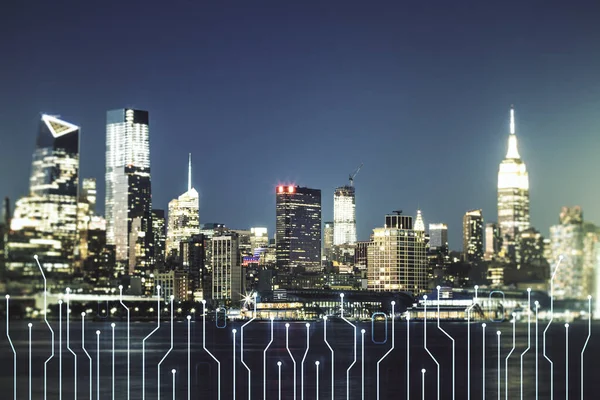 Ilustración abstracta del microesquema virtual en el horizonte de la ciudad de Nueva York. Big data y concepto de base de datos. Multiexposición — Foto de Stock