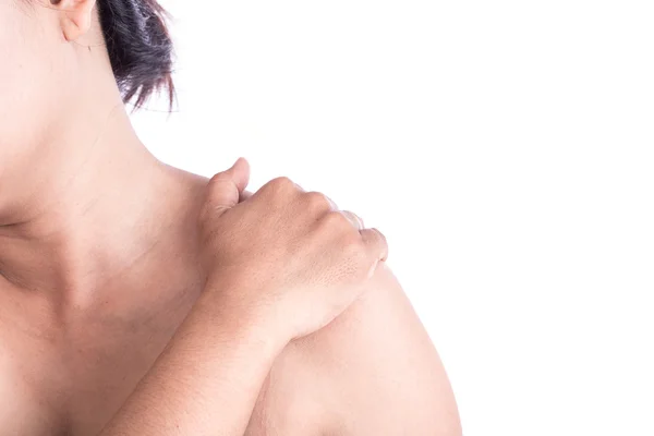 Mano de mujer en el cuello aislada en blanco: Concepto médico — Foto de Stock