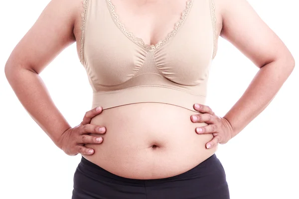 Retrato de mulher gorda isolado no branco: Gordura e Saudável — Fotografia de Stock