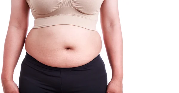 Retrato de mulher gorda isolado no branco: Gordura e Saudável — Fotografia de Stock