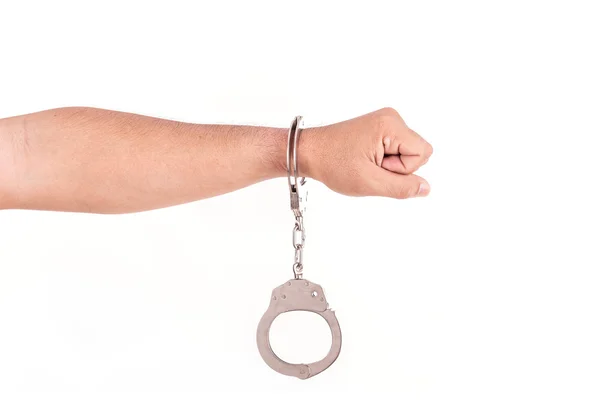 Close up hands with silver handcuffs isolated on white — Stock Photo, Image