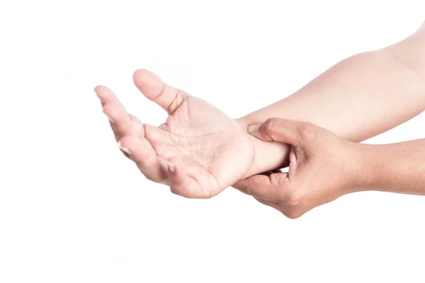 Nahaufnahme der Hand einer Frau, die ihr Handgelenk isoliert auf weiß hält. elbo — Stockfoto