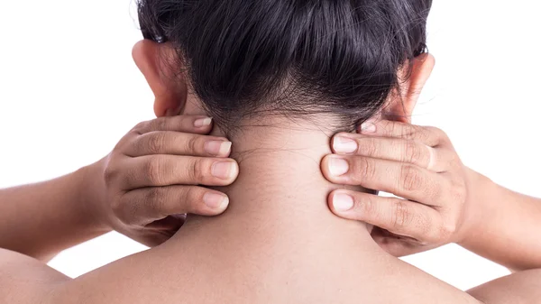 Mano de mujer en el cuello aislada en blanco: Concepto médico — Foto de Stock