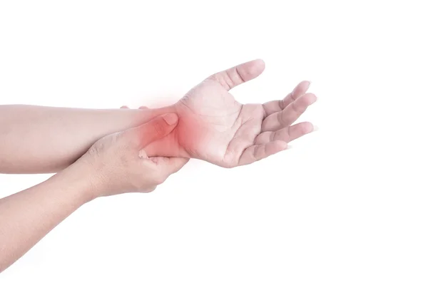 Cerca de la mano de la mujer sosteniendo su muñeca aislada en blanco. Wris. — Foto de Stock