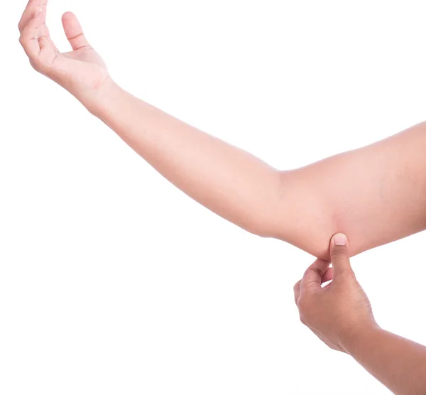 Nahaufnahme Frau mit Hand hält übermäßige Armfett isoliert auf w — Stockfoto