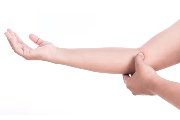 Κοντινό πλάνο της γυναίκας χέρι που κρατά το αγκώνα απομονωμένα σε λευκό. Αγκώνα — Φωτογραφία Αρχείου