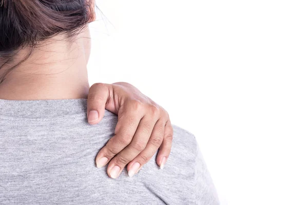 A mão da mulher em seu pescoço isolado em branco: Conceito médico — Fotografia de Stock