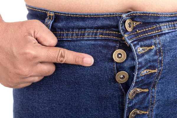 Fet kvinna försöker bära jeans: fett och felfri koncept — Stockfoto