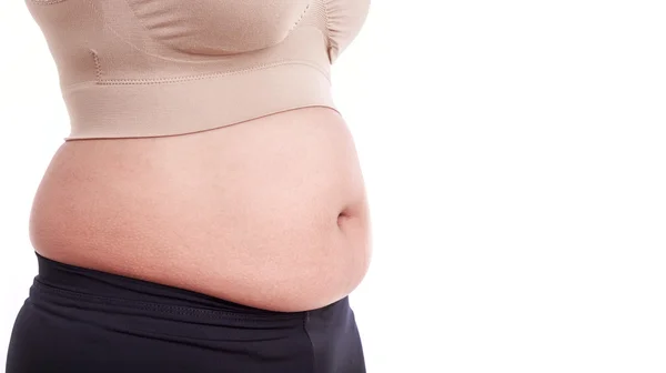 Retrato de mulher gorda isolado no branco: Gordura e Saudável — Fotografia de Stock