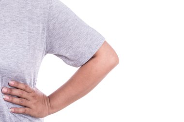 Beyaz izole onun dirseğini tutan kadının el kapatın. Dirsek