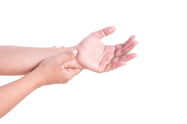 Gros plan main de femme tenant son poignet isolé sur blanc. Wris — Photo