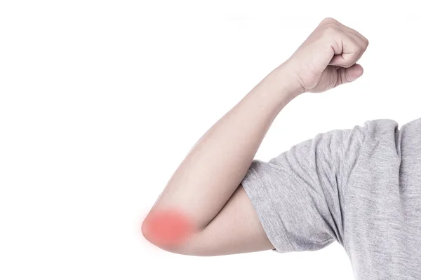 Close up woman's hand holding her elbow isolated on white. Elbow — Stock Photo, Image