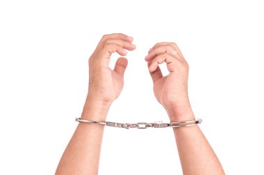 Eller yukarı üzerinde beyaz izole gümüş kelepçe ile yakın 