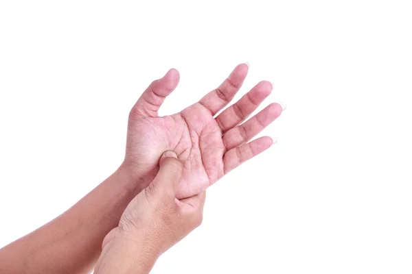 Κοντινό πλάνο της γυναίκας κρατώντας το χέρι που απομονώνονται σε λευκό. Χέρι πόνο c — Φωτογραφία Αρχείου