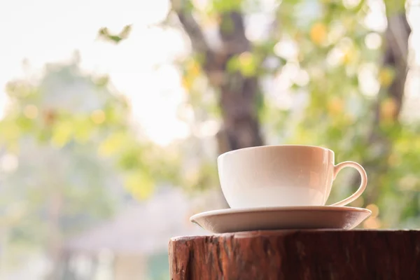 Tazza di caffè bianco sul tavolo in giardino con bokeh luce sfocata — Foto Stock