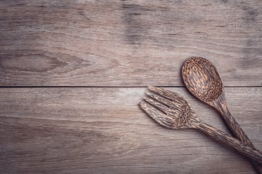 Palm ahşap kaşık ahşap masa Üstten Görünüm