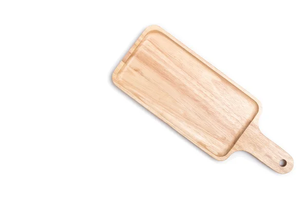 Chiudere vassoio di legno piatto vuoto isolato su bianco — Foto Stock