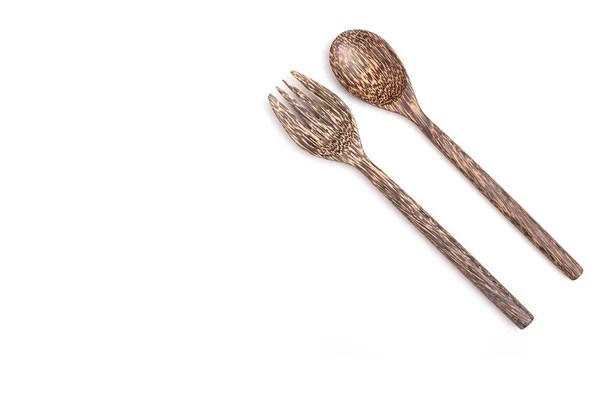 Close up wooden spoon and fork isolated on white — Stock Photo, Image