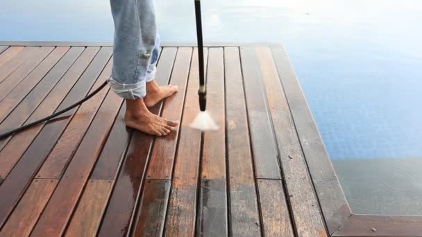 Outdoor wood floor cleaning with high pressure water jet — Stock Footage Outdoor wood floor cleaning with high pressure water jet Video Clip
