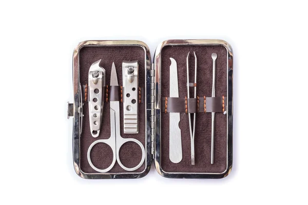 Top view tools of a manicure set in box isolated on white — Stock Photo, Image