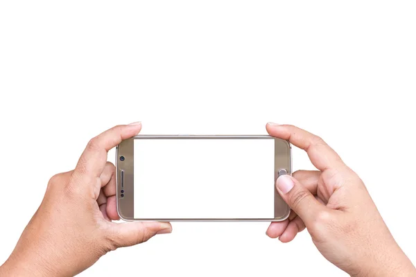 Hand of woman holding smartphone isolated on white background — Stock Photo, Image
