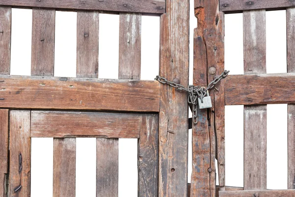 Old wooden gate with lock and chain isolated on white — Stock Photo, Image