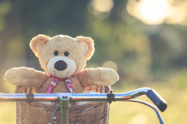 Rattan sepet gree vintage bisiklet üzerinde güzel kahverengi ayıcık