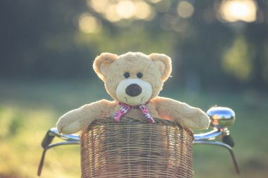 Rattan sepet gree vintage bisiklet üzerinde güzel kahverengi ayıcık