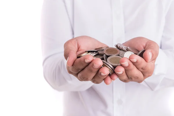 Woman hand holding coin isolates on white — Stock Photo, Image