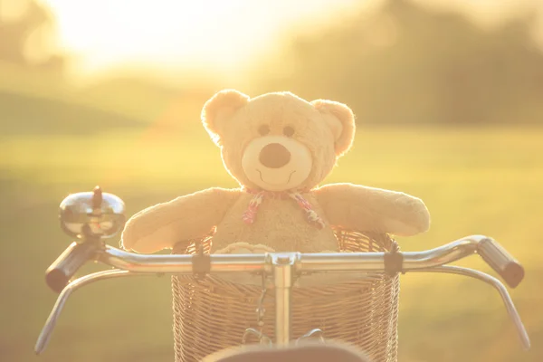 Bello orsacchiotto marrone in rattan cestino su bici vintage in gree — Foto Stock