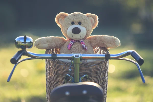 Bello orsacchiotto marrone in rattan cestino su bici vintage in gree — Foto Stock