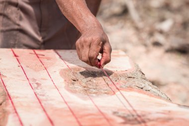 Tay işçi yapmak önce elektrikli testere ile kesme gövde satırı